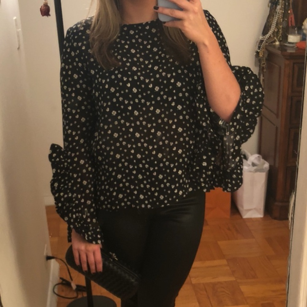 Black floral bell sleeve shirt